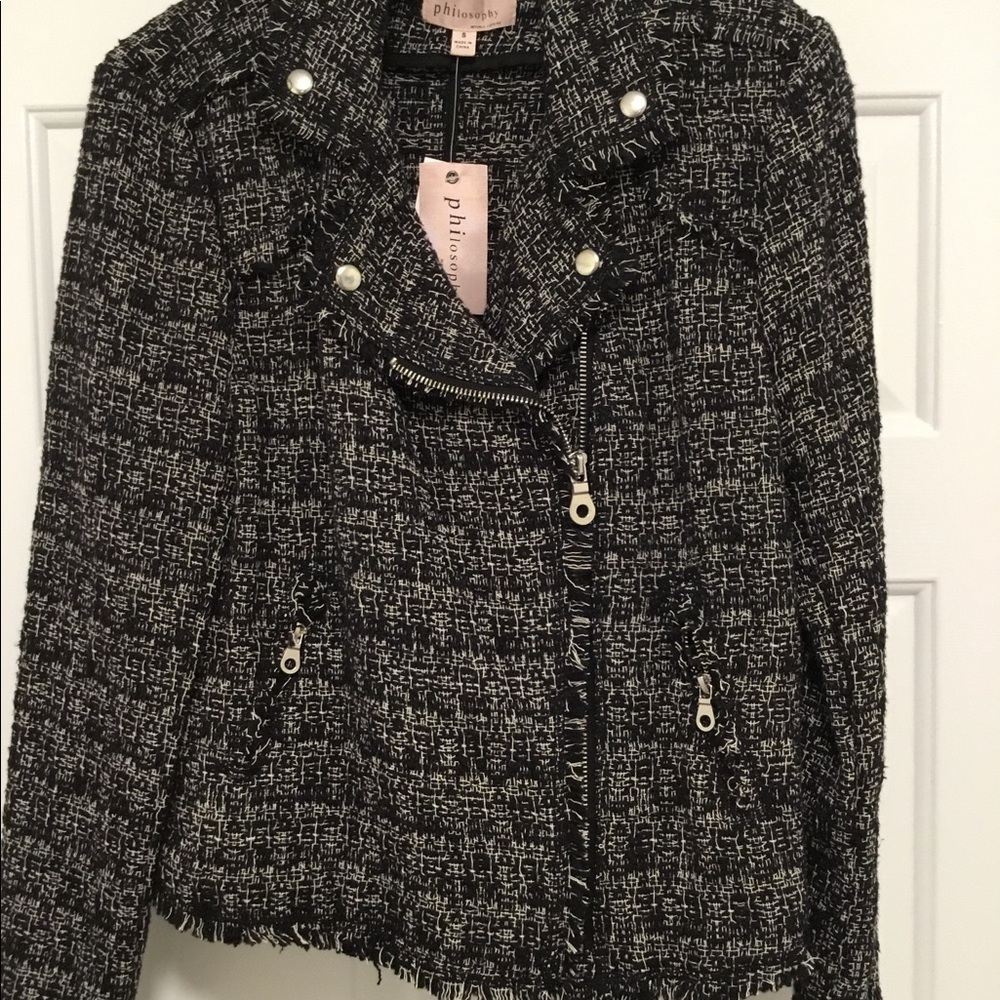PHILOSOPHY BLACK & WHITE COTTON MOTO JACKET NWT